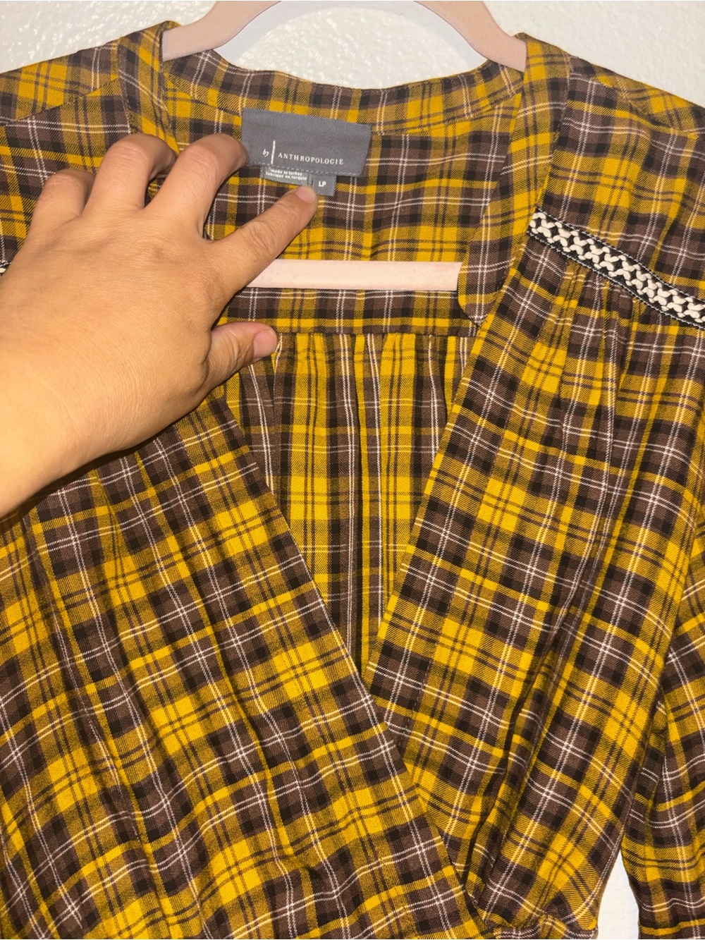 Anthropologie Dalton Wrap Dress Mustard Yellow Plaid Long Sleeve LP - Picture 4 of 9